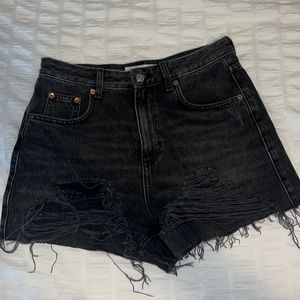 High waisted distressed mom denim shorts
